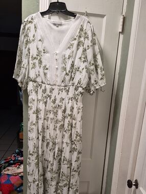 White & Olive Floral Maxi Dress - Lightweight V-Neck